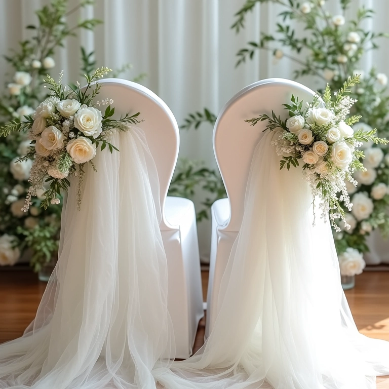 Cadeiras dos noivos decoradas com tecido branco e flores delicadas.