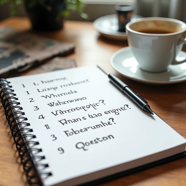 Caderno com perguntas para fotógrafo, caneta e xícara de café em mesa de trabalho.