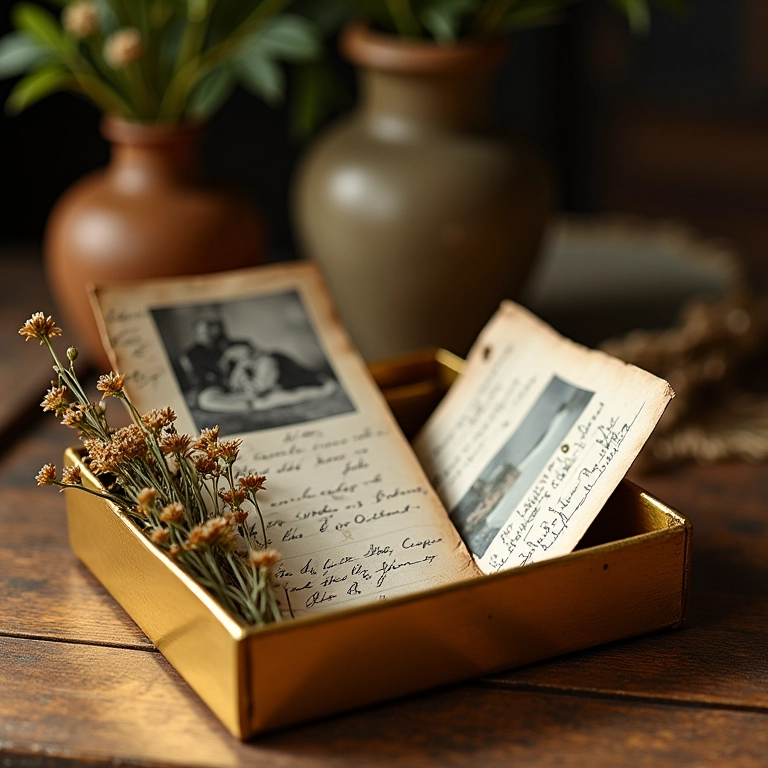 Caixa de memórias de madeira com cartas, flores secas e fotos antigas.