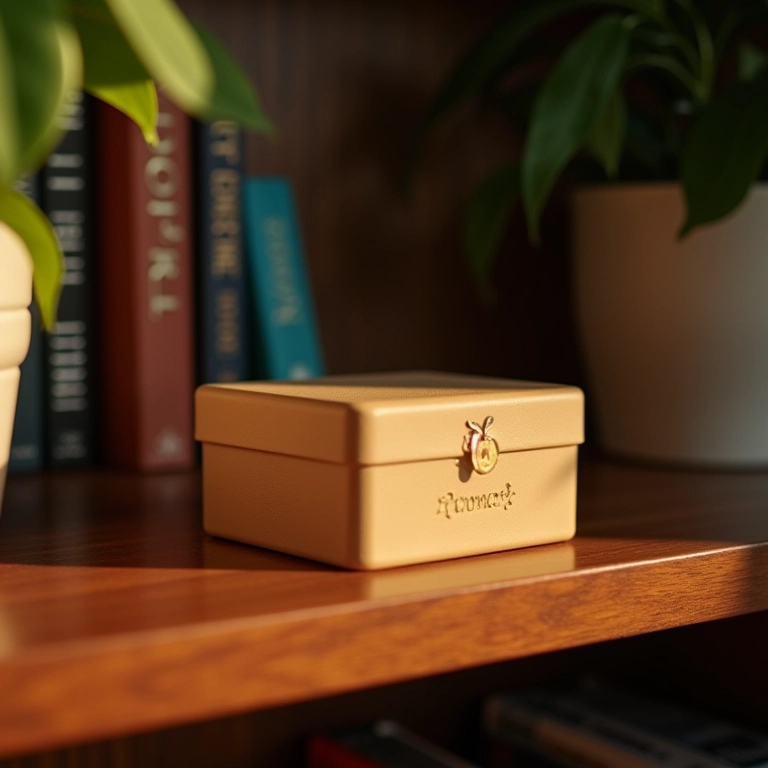 Caixa de memórias guardada em uma estante aconchegante.