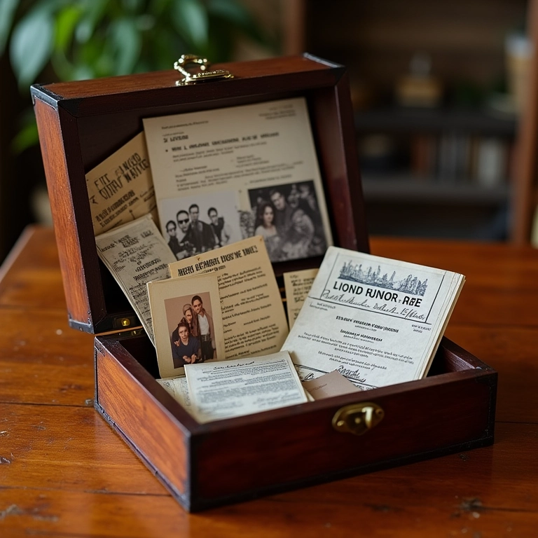 Caixa de memórias preenchida com ingressos, cartas e fotos.