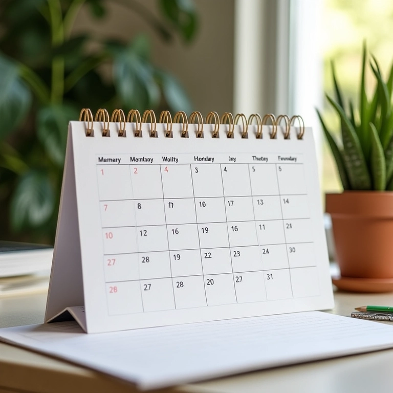 Calendário marcado com datas de compromissos para fotografia, planejador na mesa.