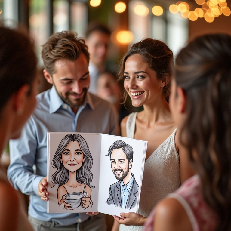 Caricaturista desenhando convidados em um casamento com arte divertida e personalizada.