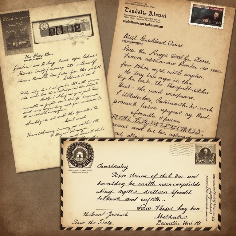 Cartas e telegramas antigos representando a história do Save the Date.