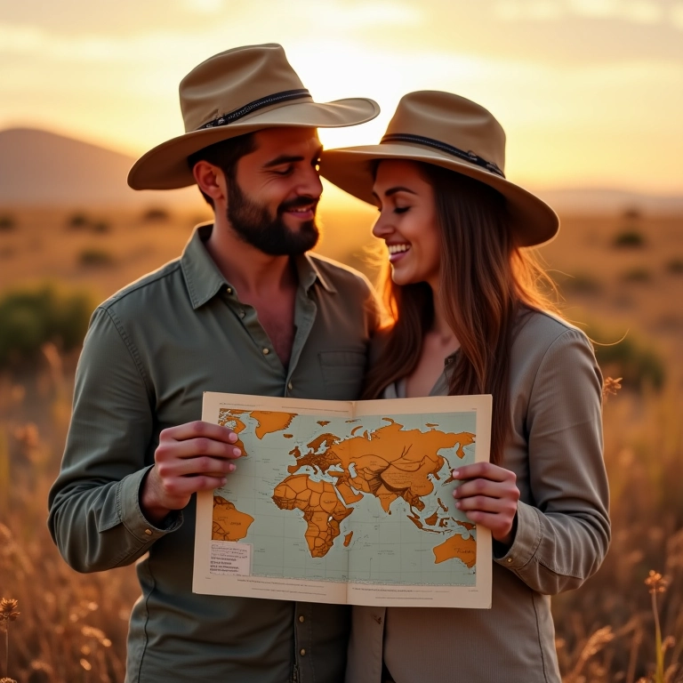 Casal abraçado, planejando os detalhes finais do safári.