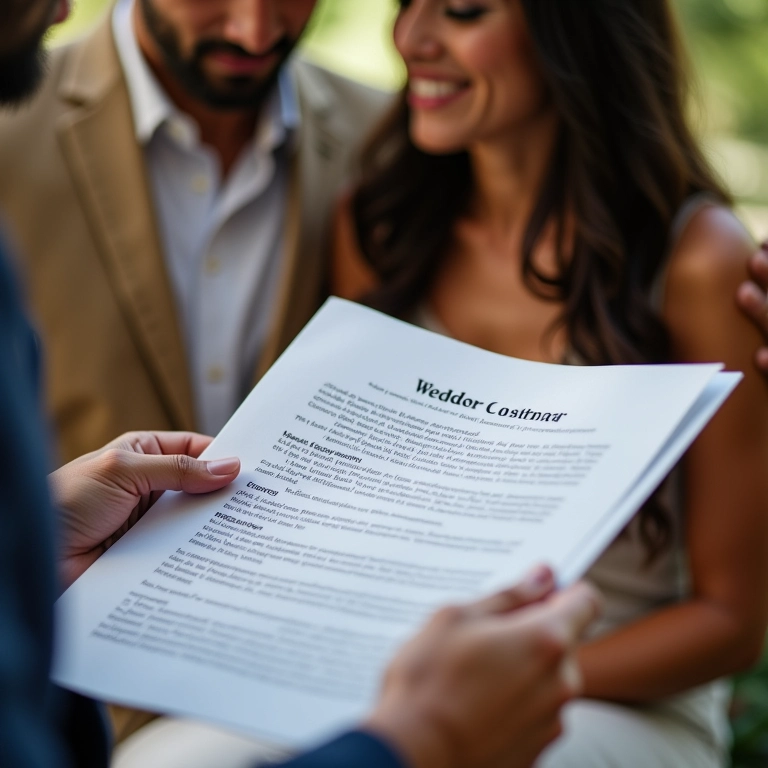 Casal analisa contrato de fornecedor de casamento com atenção.