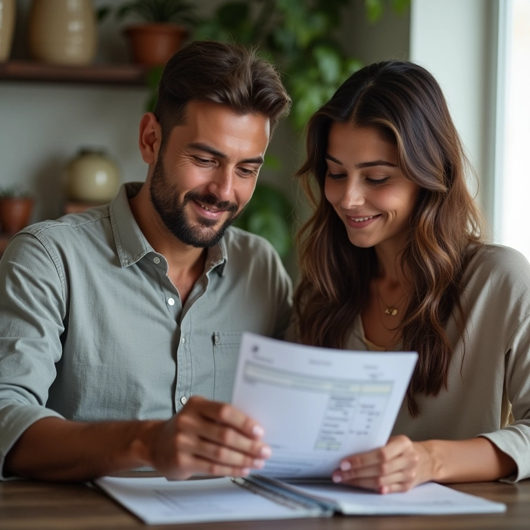 Casal analisando documentos financeiros em casa, representando a comunhão parcial de bens.