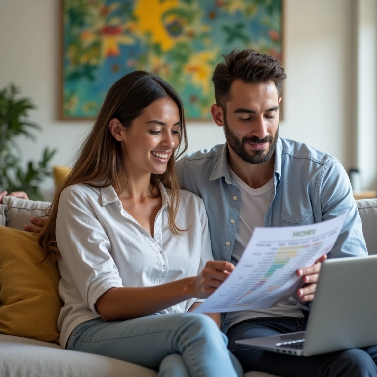 Casal analisando orçamento familiar em sala decorada com arte brasileira.