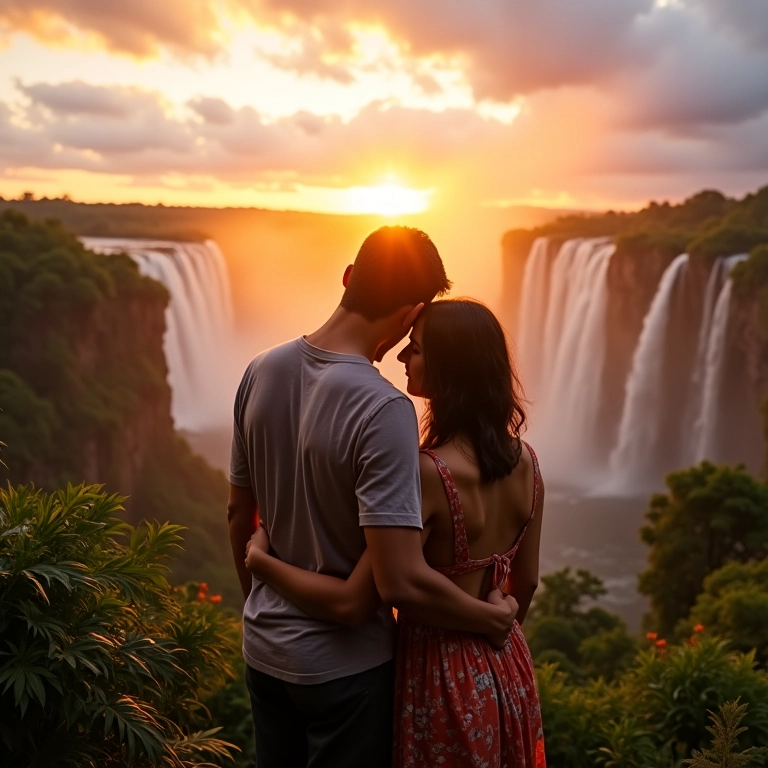 Casal apaixonado admirando as Cataratas do Iguaçu ao pôr do sol.