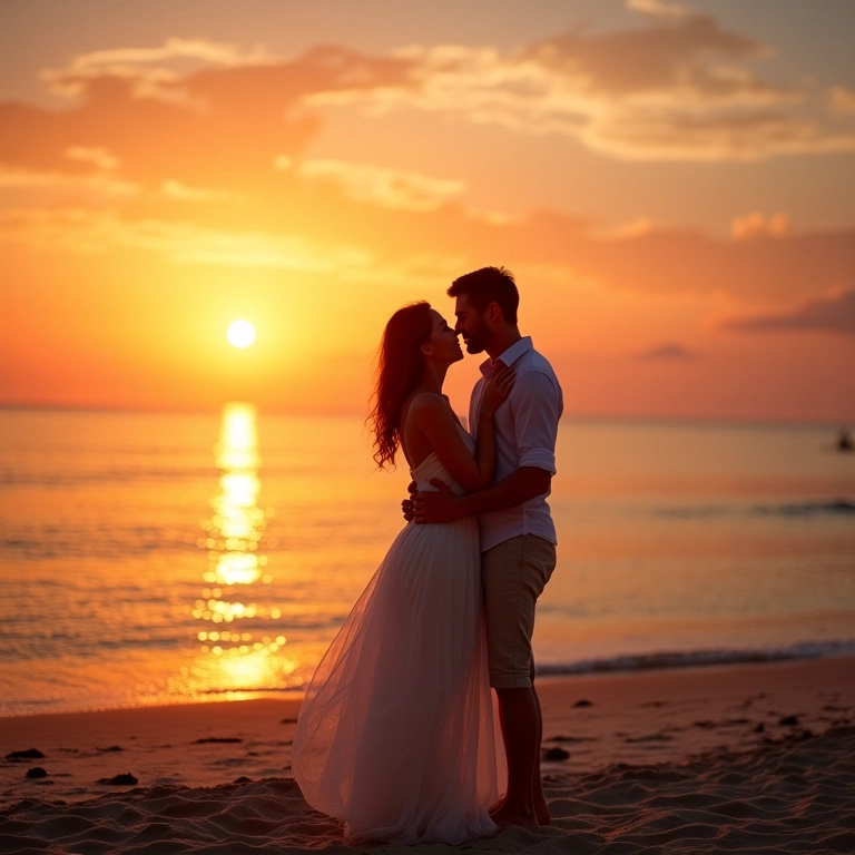 Casal apaixonado em lua de mel na praia ao pôr do sol.