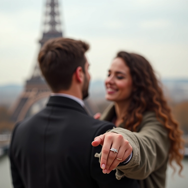 Casal apaixonado em Paris, noivo pedindo a mão da noiva com a Torre Eiffel ao fundo.