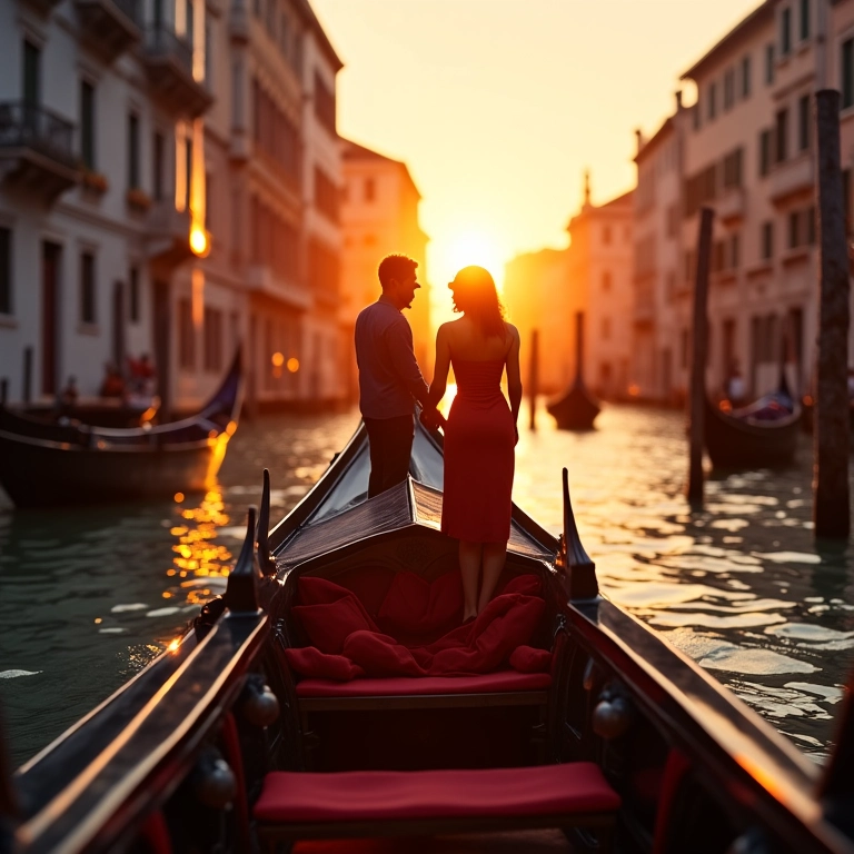Casal apaixonado em um romântico passeio de gôndola em Veneza ao pôr do sol.