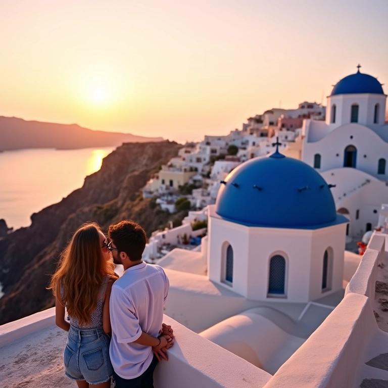 Casal apreciando o pôr do sol em Santorini, Grécia.