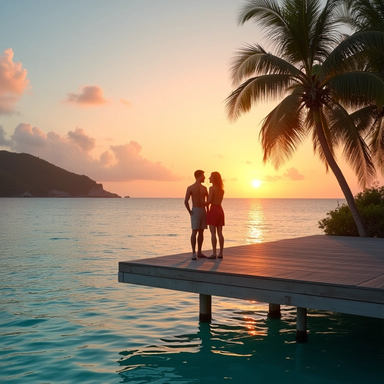 Casal aproveitando lua de mel em bangalô de luxo em St. Barths ao pôr do sol.