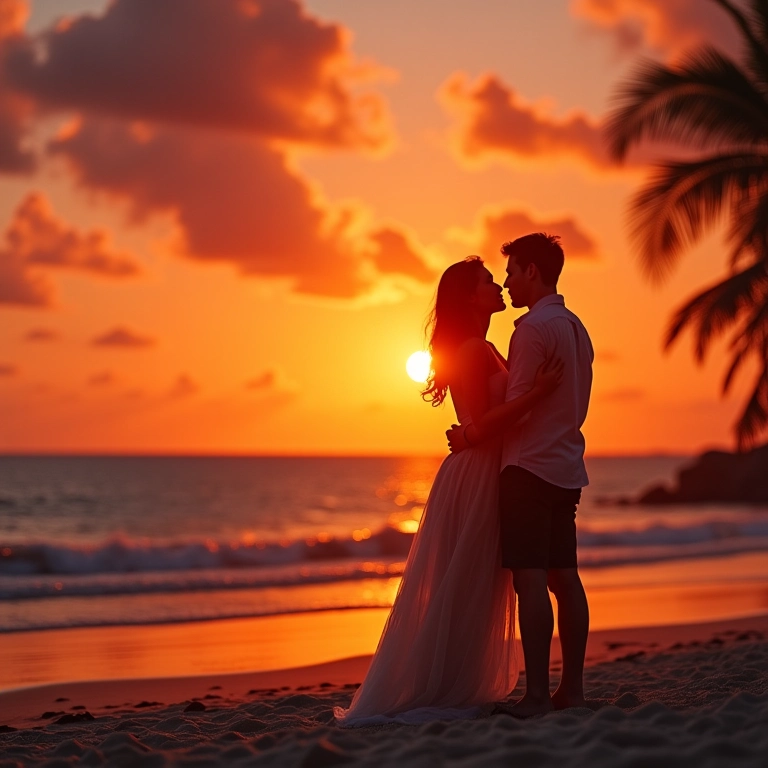 Casal aproveitando o pôr do sol romântico em praia tropical, lua de mel.