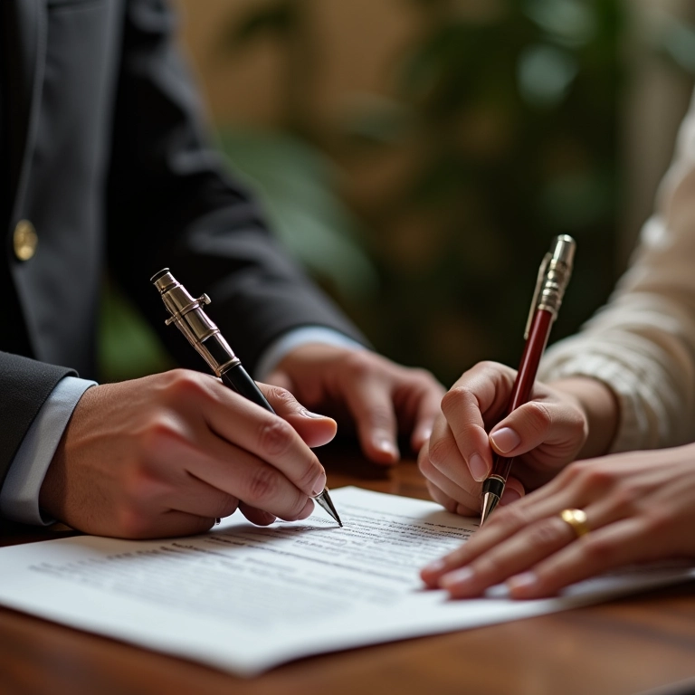 Casal assinando contrato de casamento, representando a formalização do regime de bens escolhido.