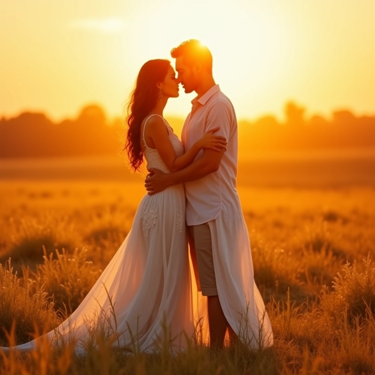 Casal boho se abraçando em campo ensolarado durante casamento.