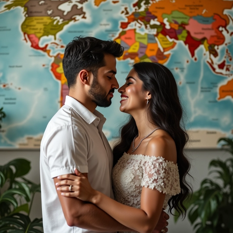 Casal brasileiro apaixonado celebra casamento com tema de viagem, cercado por mapas e globos.