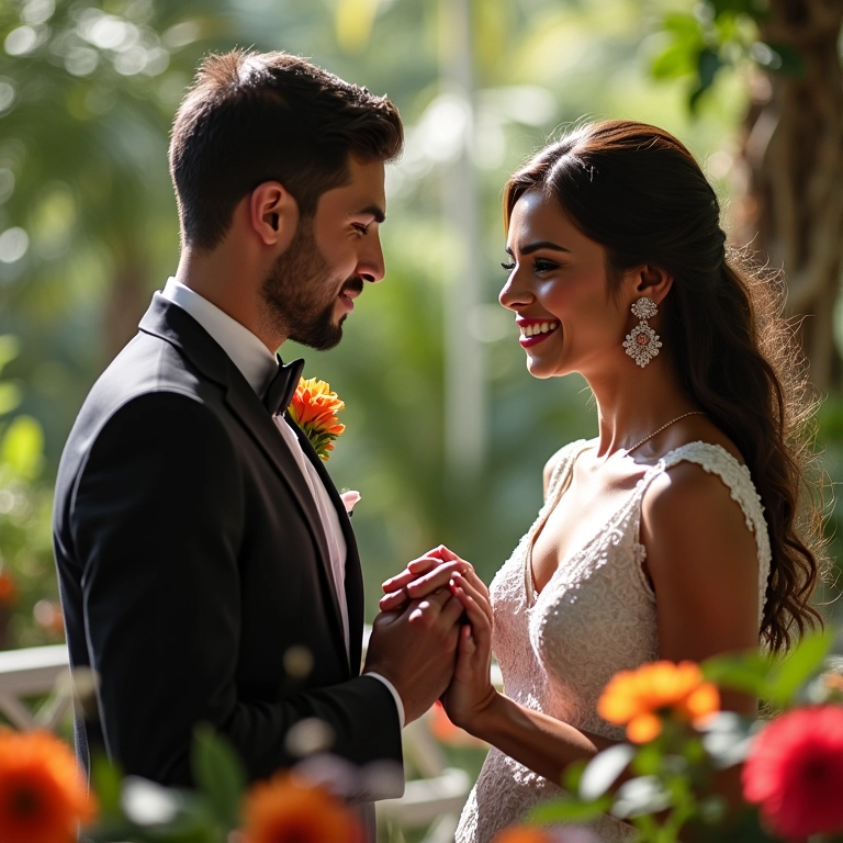 Casal brasileiro realiza casamento online com decoração vibrante.