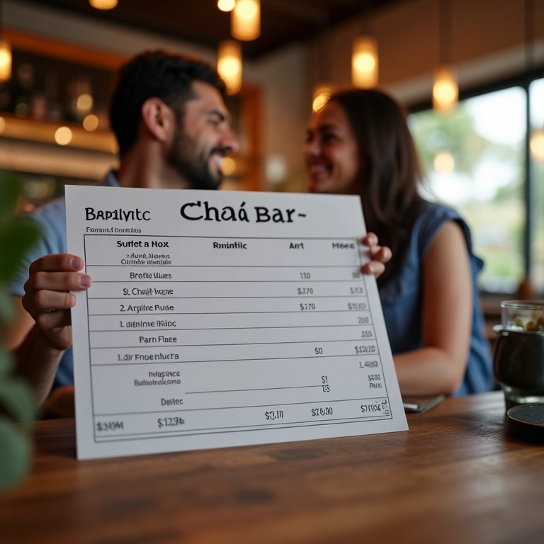 Casal brasileiro revisando uma tabela de orçamento simplificada para o chá bar.