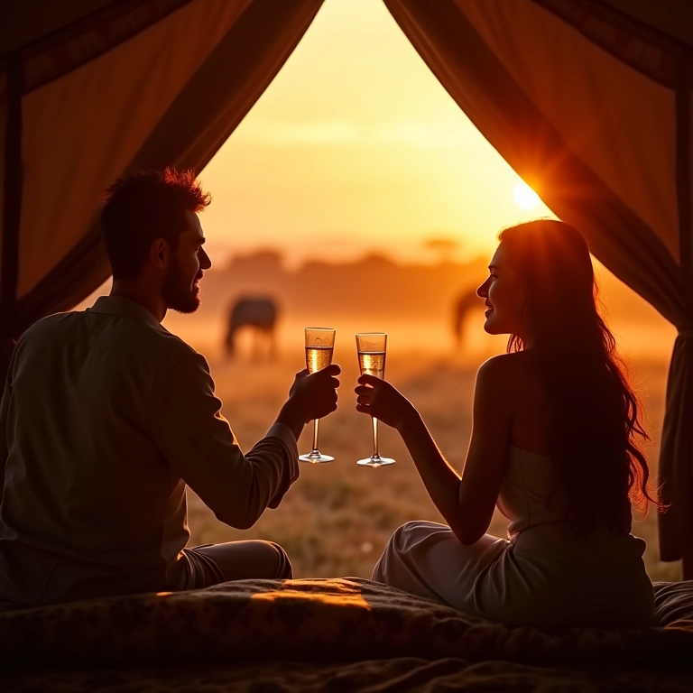 Casal brinda em safári luxuoso na África do Sul ao pôr do sol.