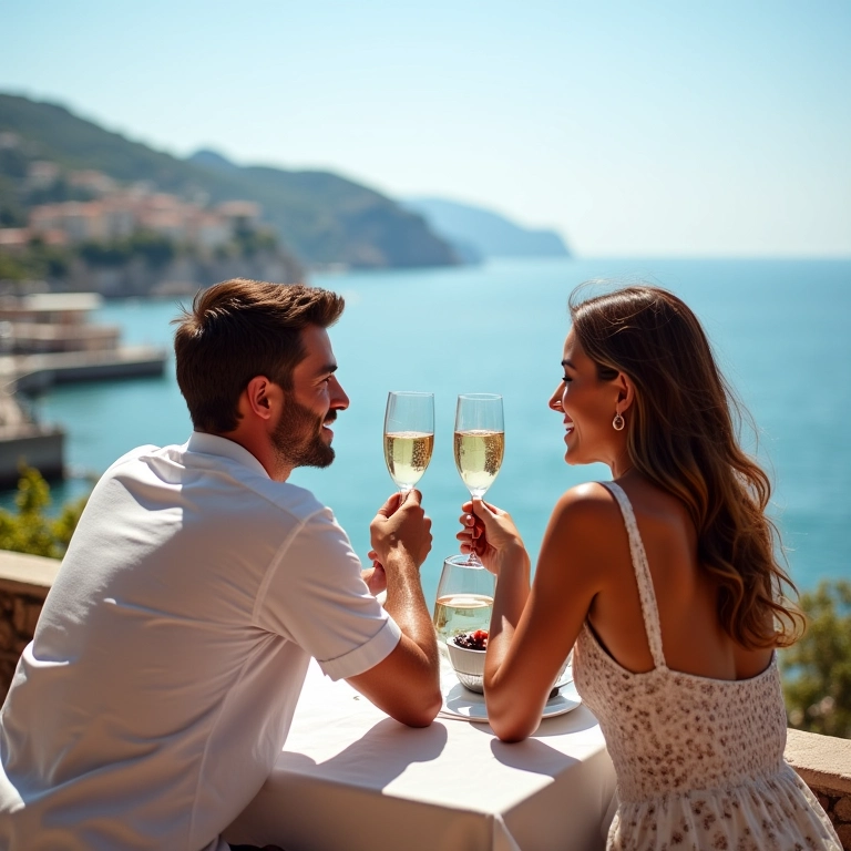 Casal brindando com champanhe em café à beira-mar em Nice, França, durante lua de mel.