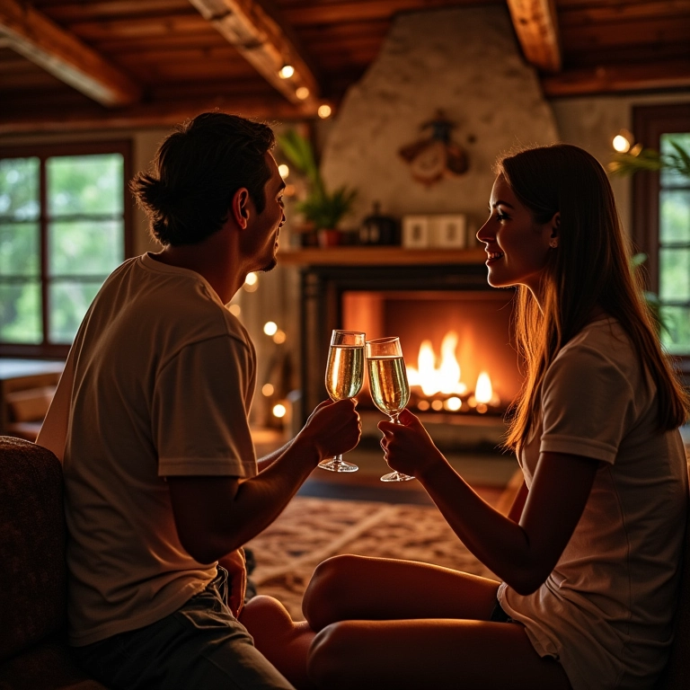 Casal brindando em cabana aconchegante durante a lua de mel.