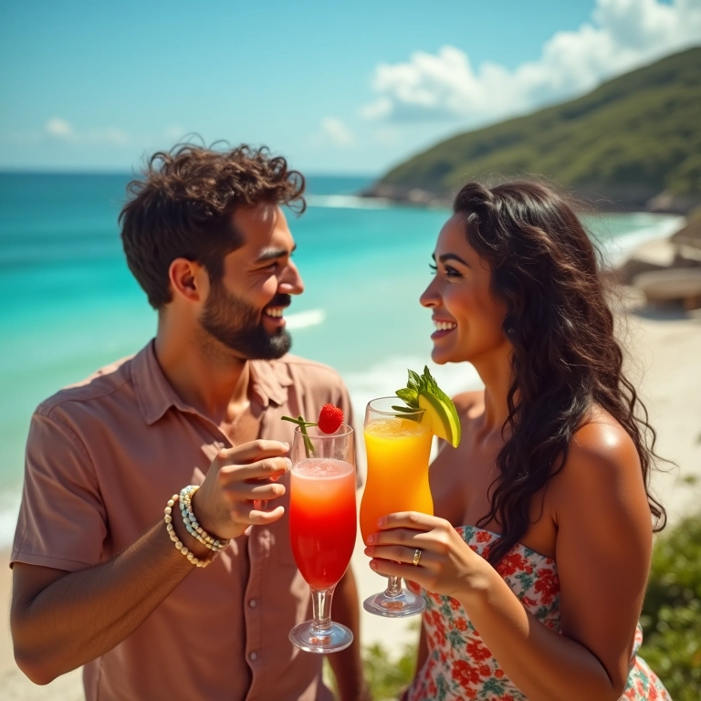 Casal brindando em clube de praia no Nordeste, celebrando a lua de mel.