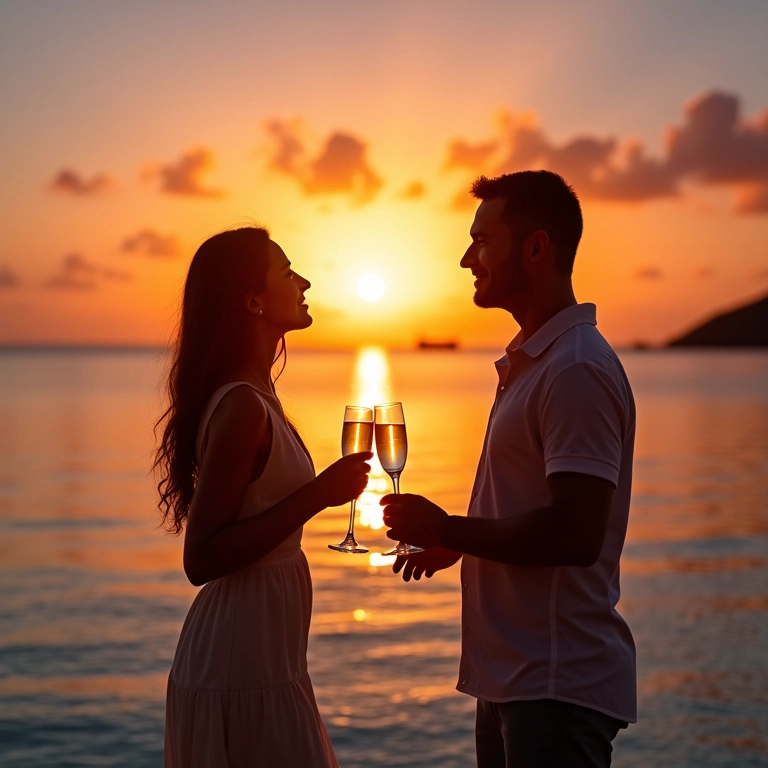 Casal brindando em praia paradisíaca durante o pôr do sol em Bora Bora, lua de mel inesquecível.