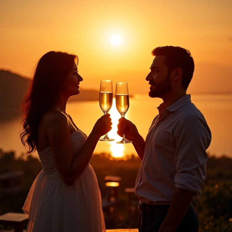 Casal brindando em resort de luxo no Vietnã ao pôr do sol.