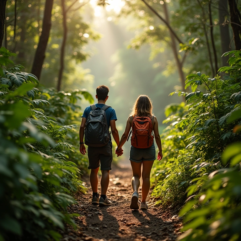 Casal caminhando de mãos dadas em uma floresta tropical exuberante no Brasil.