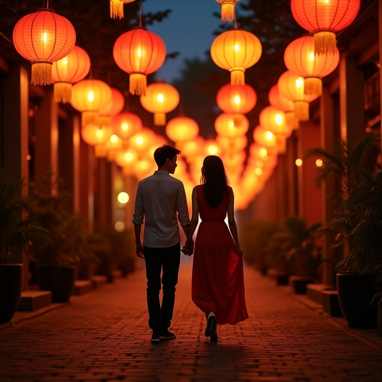 Casal caminhando em Hoi An à noite, lanternas coloridas.