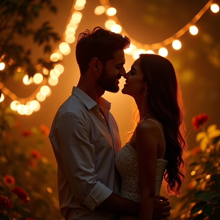 Casal celebrando noivado em festa charmosa no jardim com iluminação suave.