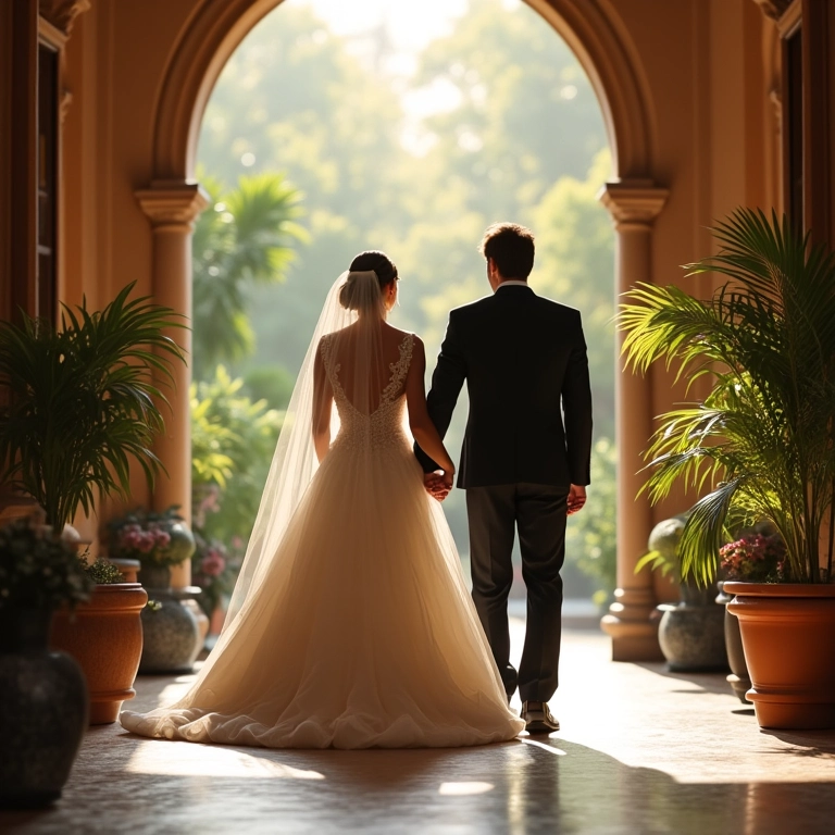 Casal chegando a um local de casamento de fácil acesso, destino conveniente.