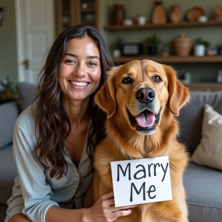 Casal com cachorro com placa de pedido de casamento.