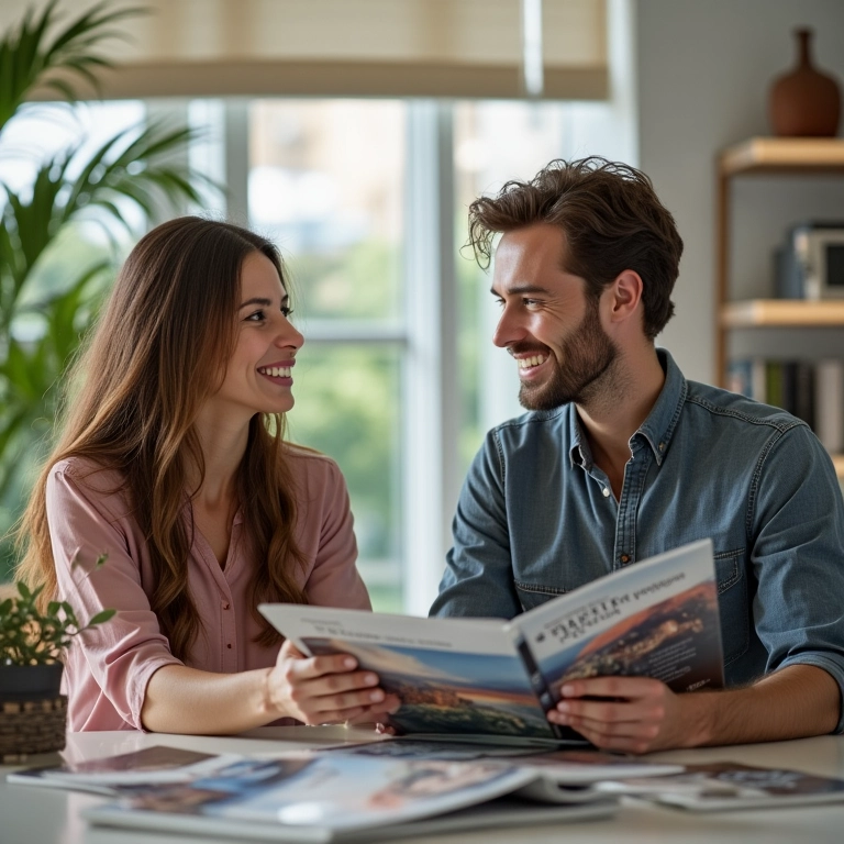 Casal consultando especialista para escolher destino de bem-estar para lua de mel.