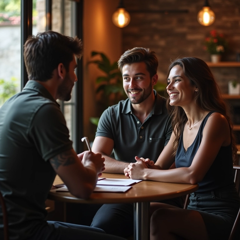Casal conversando com videógrafo em um café.