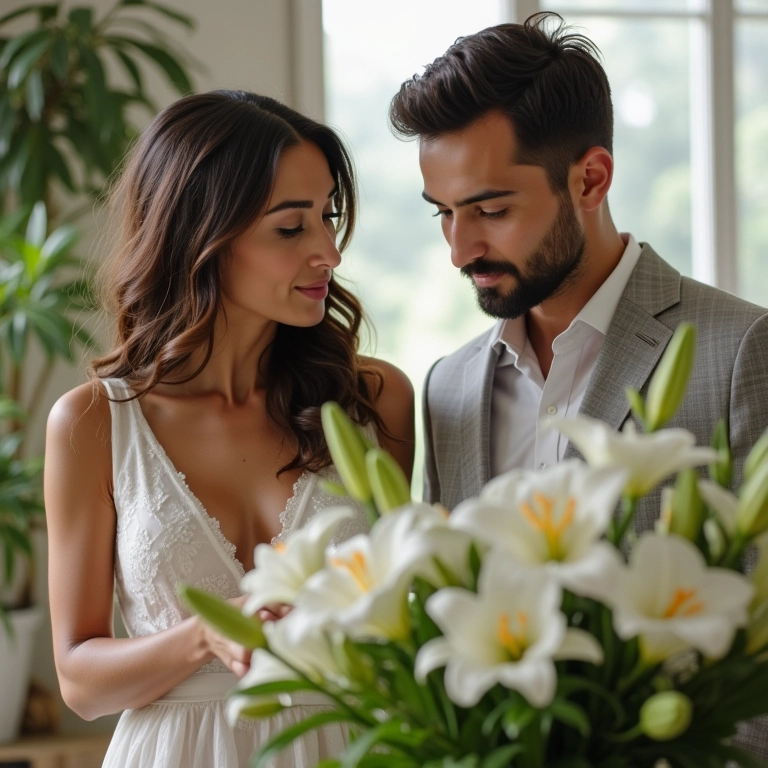 Casal conversando sobre orçamento de decoração de casamento com lírios.