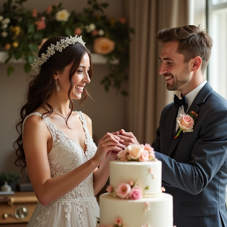 Casal corta bolo de casamento decorado em estilo rústico-chique.