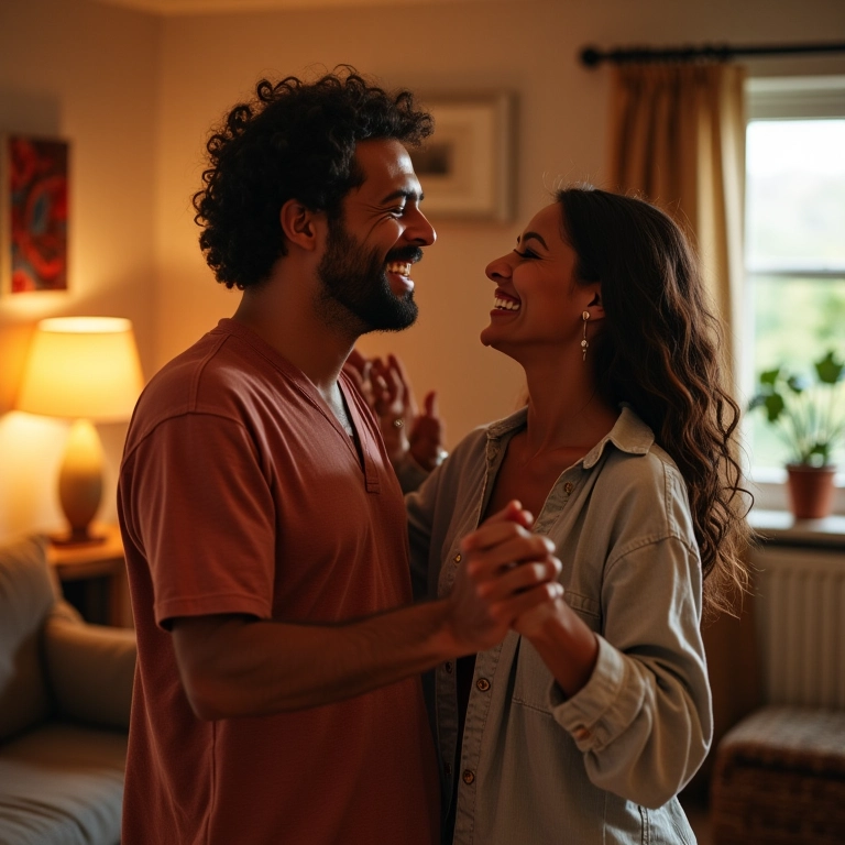 Casal dançando junto na sala de estar, rindo e aproveitando a companhia um do outro.