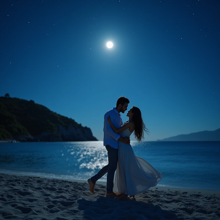Casal dançando sob as estrelas na lua de mel.