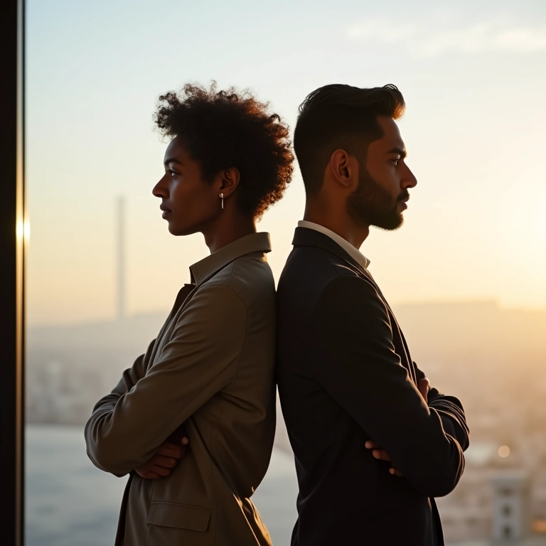 Casal de costas um para o outro, representando a separação total de bens e a independência financeira.