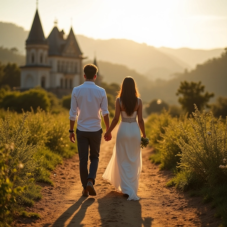 Casal de mãos dadas caminhando para um local de casamento pitoresco.