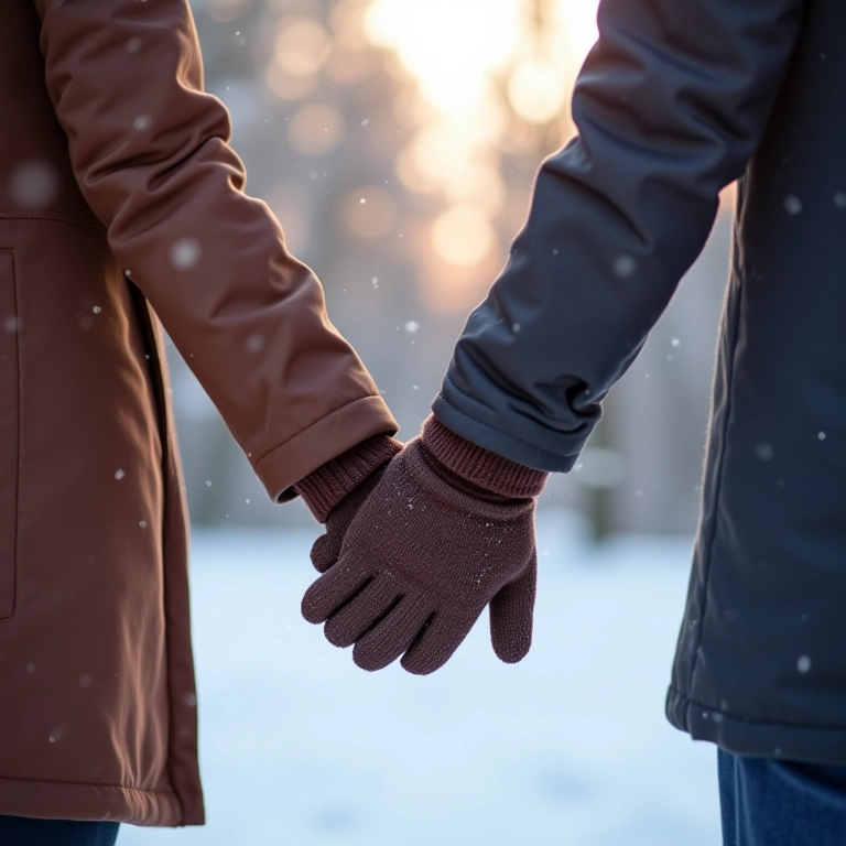 Casal de mãos dadas com luvas em parque nevado.