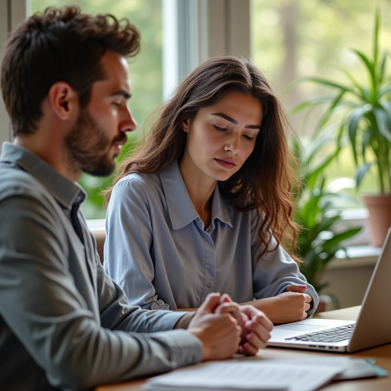 Casal definindo orçamento e data do casamento com planejador financeiro.