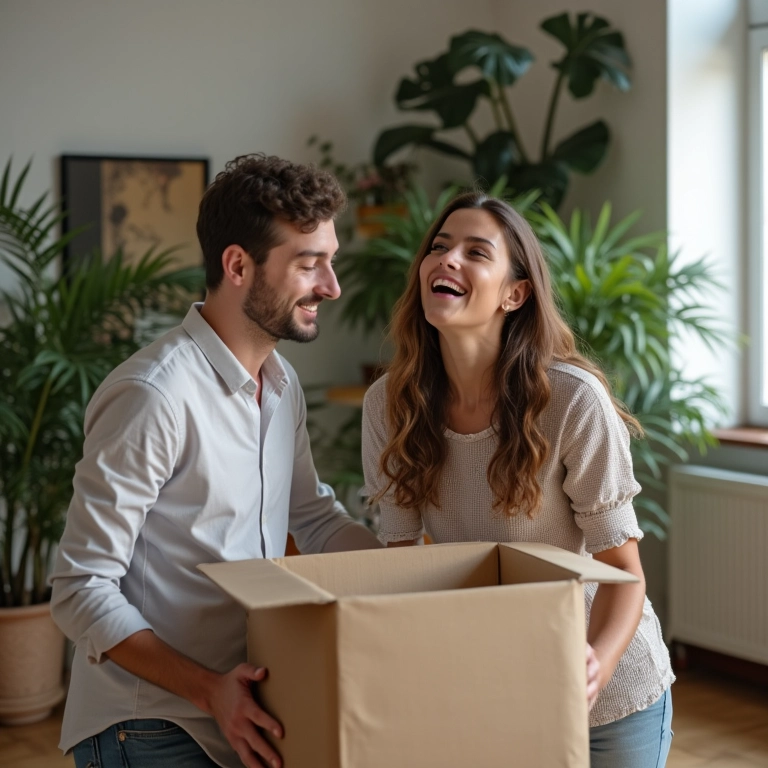 Casal desembalando presentes em apartamento novo.
