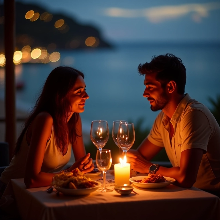 Casal desfrutando de um jantar romântico à beira-mar em Florianópolis.