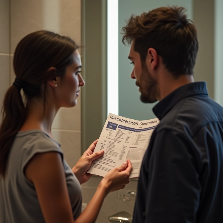 Casal discutindo métodos contraceptivos em banheiro moderno.