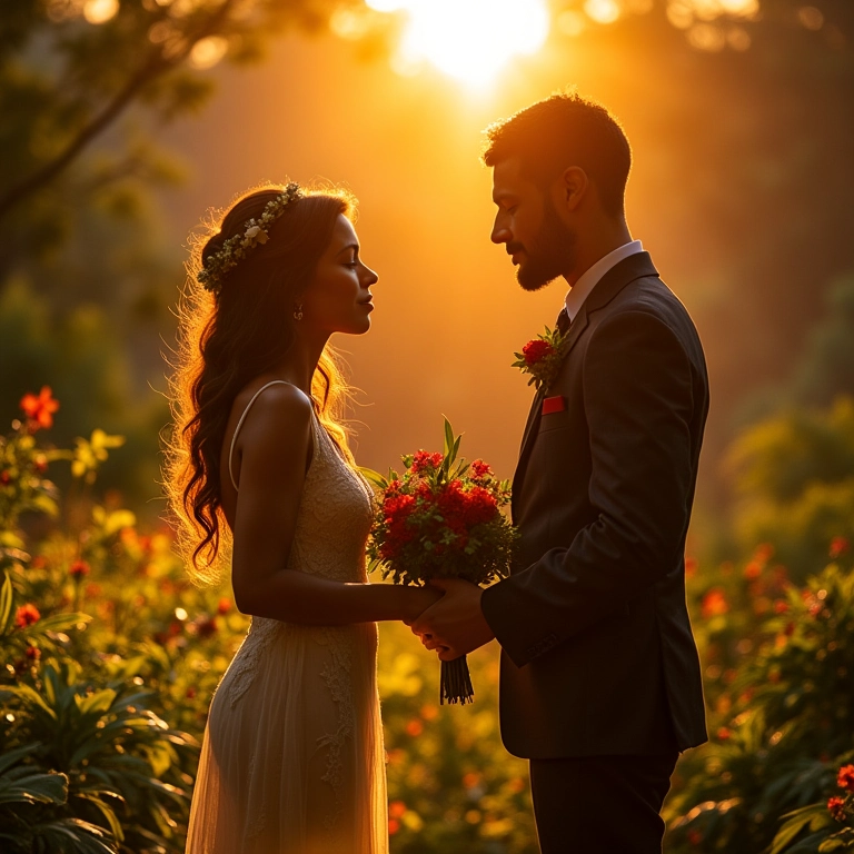 Casal diverso celebra casamento em meio à natureza exuberante sob a luz dourada do sol.