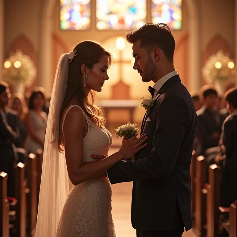 Casal diverso celebra casamento religioso com efeito civil em igreja decorada com flores.